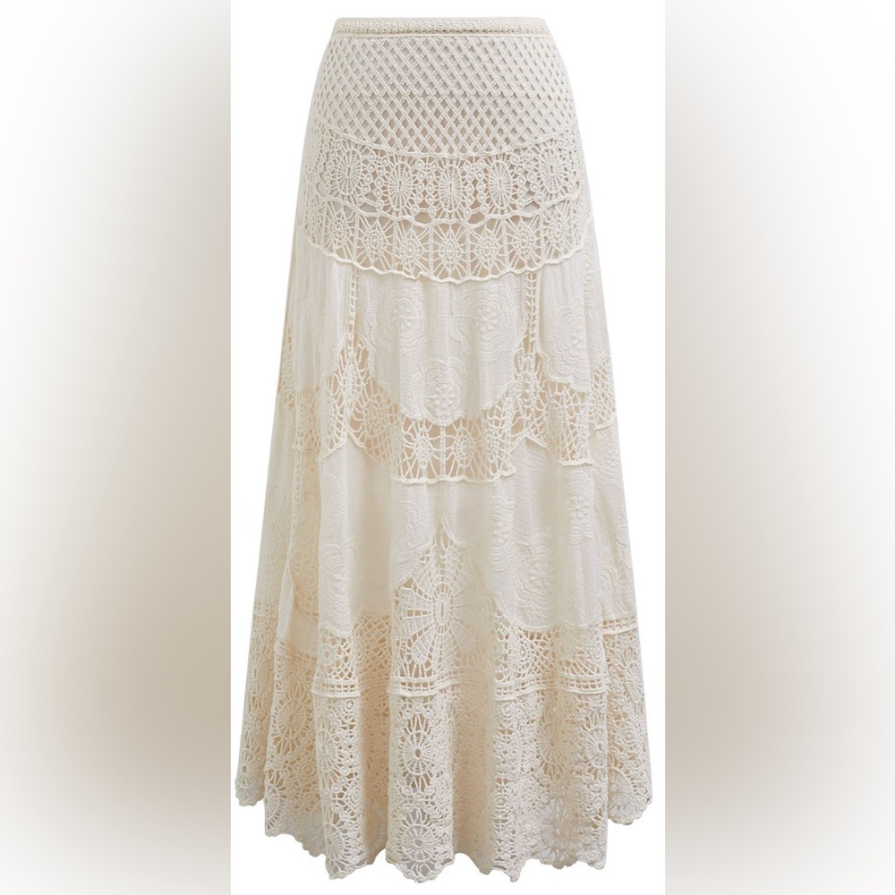 Chicwish FLORAL EMBROIDERED CROCHET MAXI SKIRT IN SAND